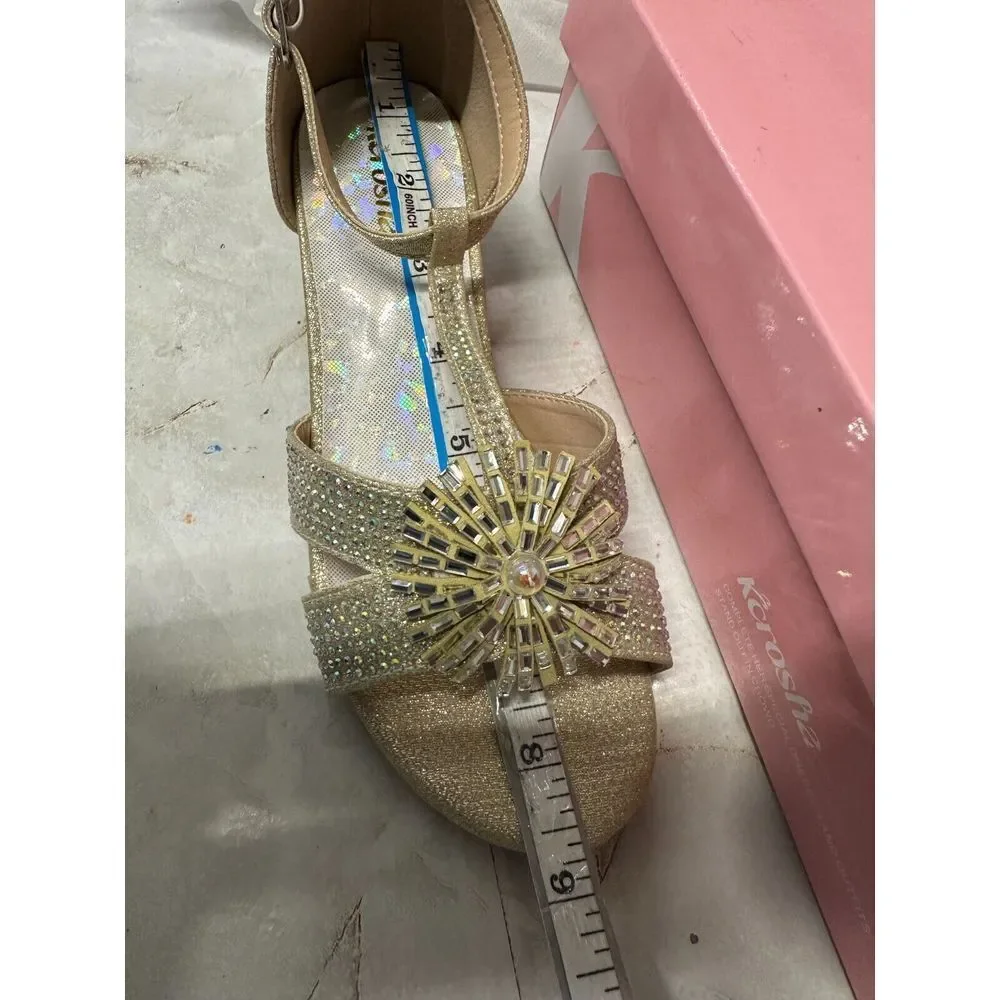 K Crosha  Big Girl's Mid Hell‎ Sandal Rhinestone Gold 4MT New !